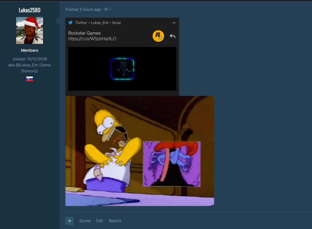 A GTAForums post by an user named Lukas2580, showing a notification for Rockstar's tweet showing a neon, blue and green coloured Rockstar logo.
Under it, an animated image of Homer Simpson comedically having a heart attack, with the depiction of a heart beating very strongly to his right.